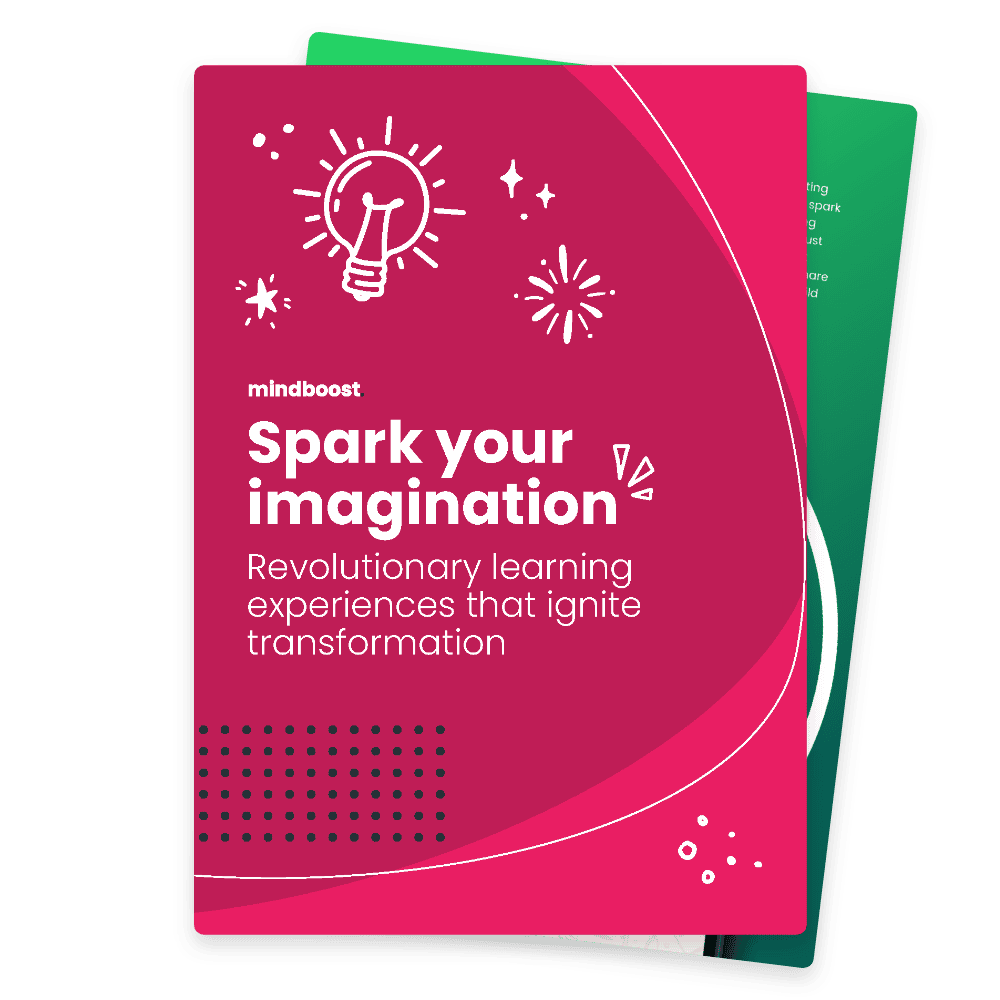 Bright pink educational brochure for mindboost, inspiring imagination through innovative learning experiences. Perfect for cognitive development and creative thinking.