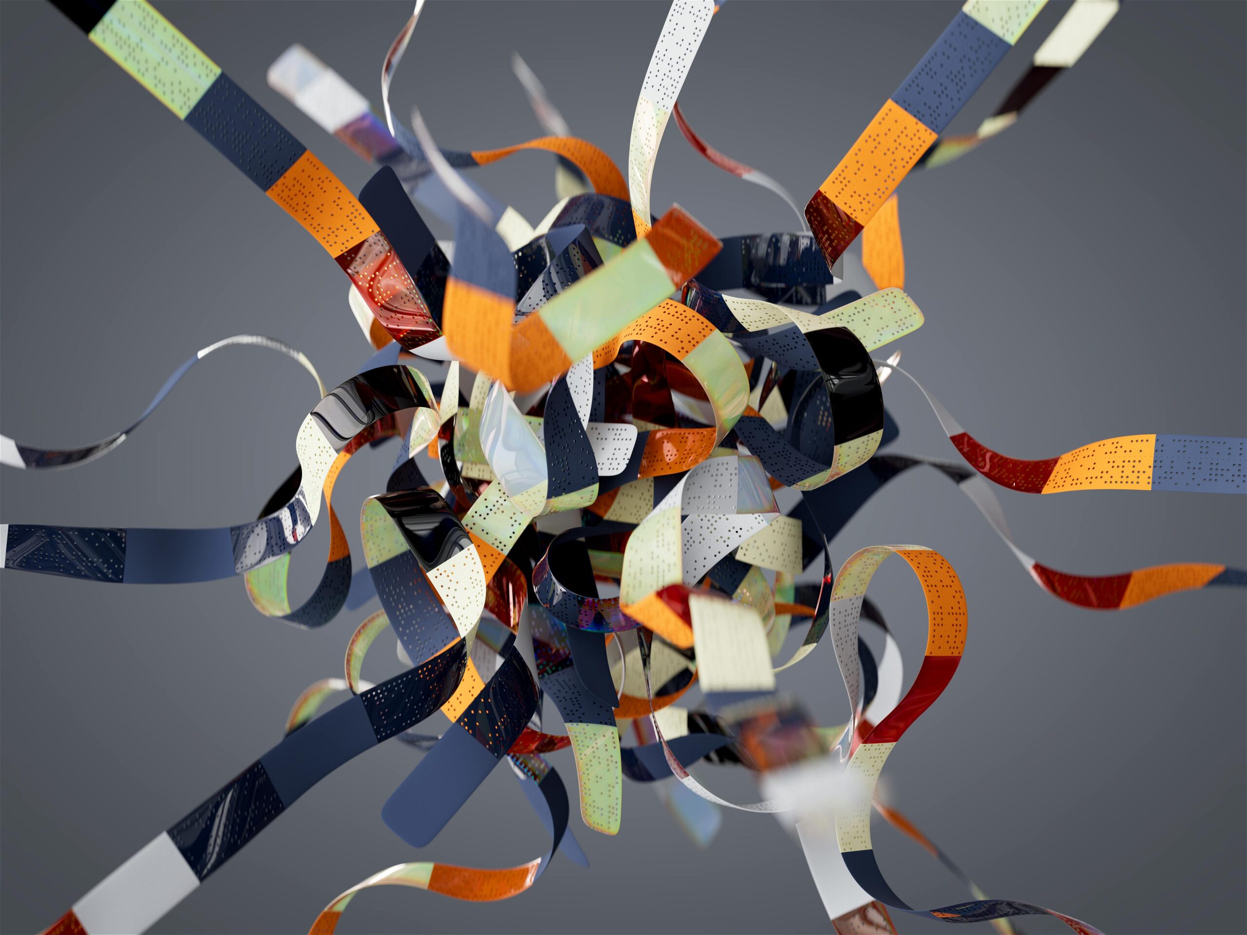 Complex tangled ribbons of data representing challenges in AI-driven learning and development.