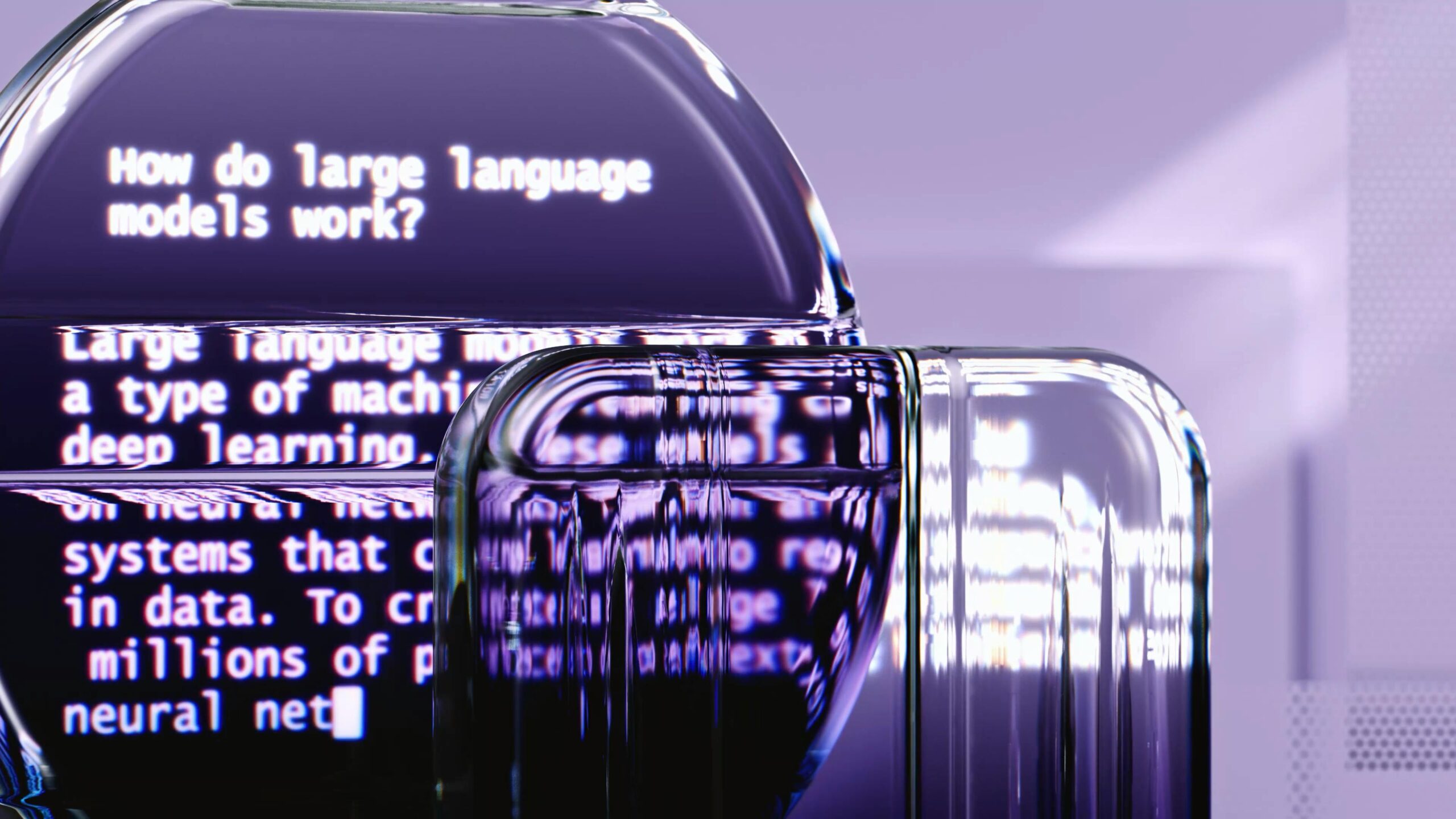 AI in L&D visual showing a futuristic screen with text about language models and machine learning.