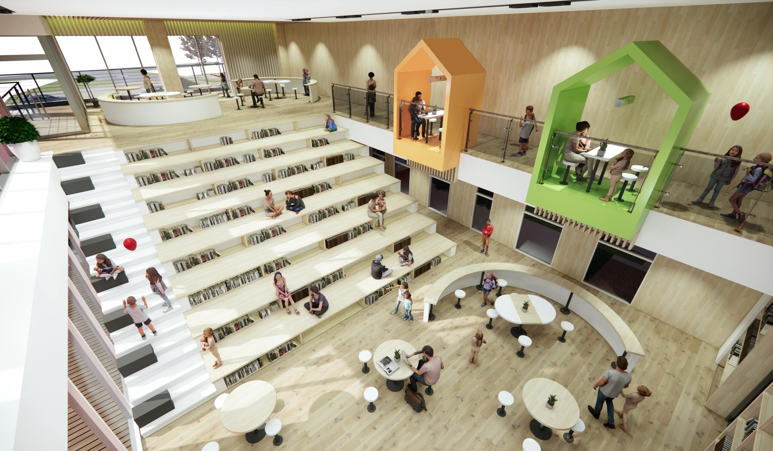 Modern learning environment with tiered seating, interactive pods, and collaborative areas designed to enhance employee training and development.